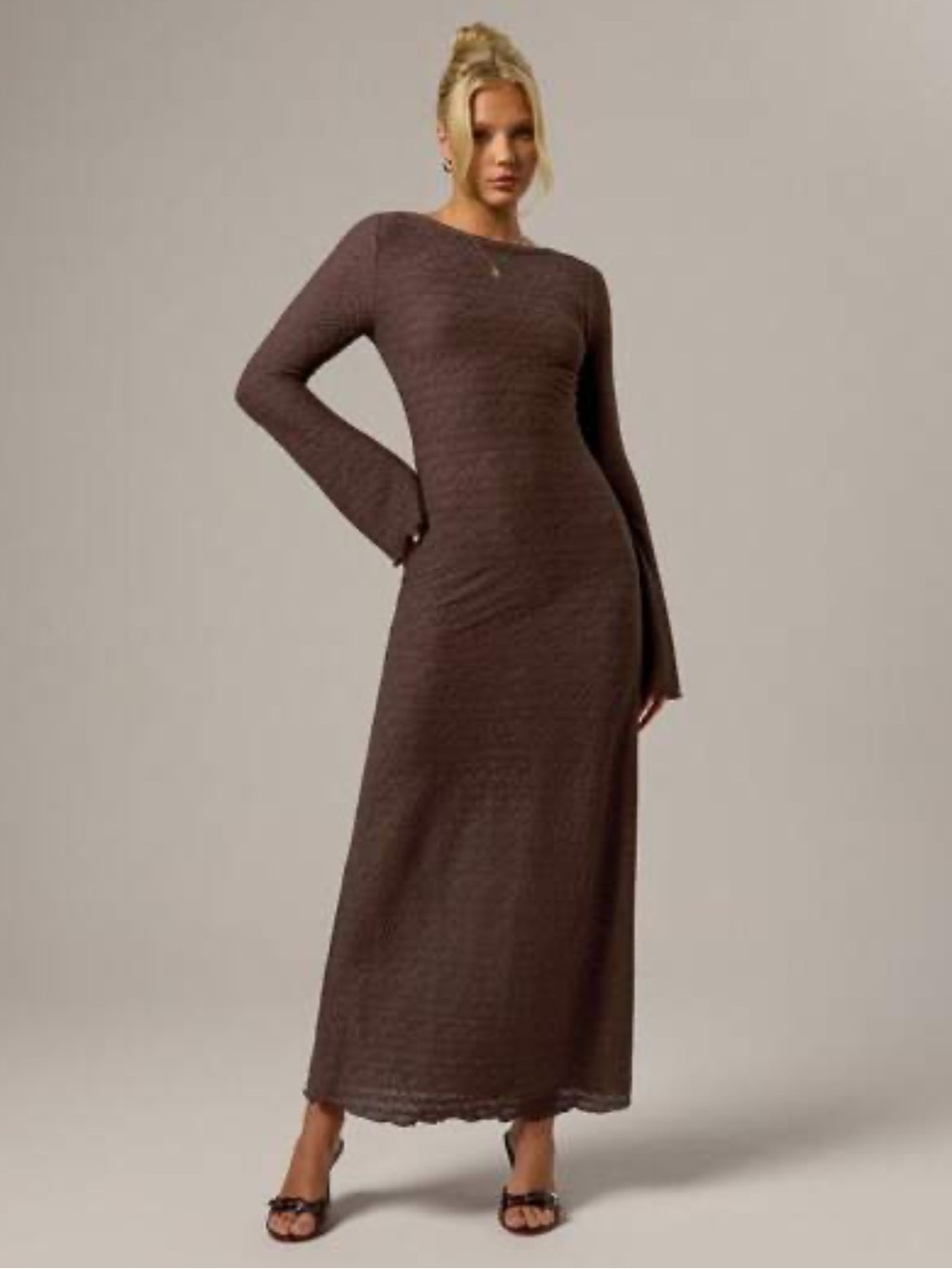 NWT See You Monday Chocolate-Brown Long Sleeve Knit Maxi Dress in Size Small